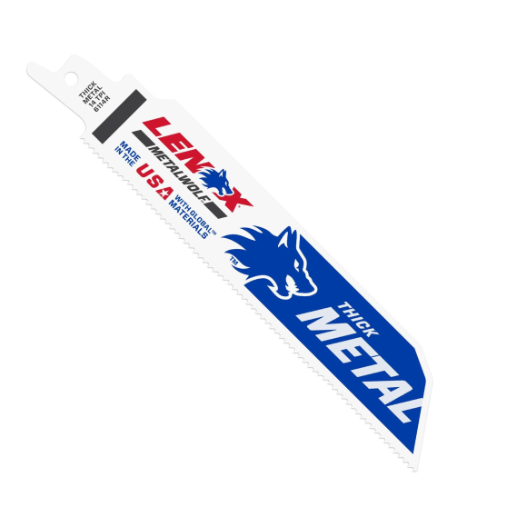 The LENOX Bi-Metal 6 in. Reciprocating Saw Blade (5-Pack) features a blue wolf logo and LENOX in red. Its Made in USA with global materials, marked by the prominent THICK METAL. Enhanced durability comes courtesy of POWER BLAST TECHNOLOGY.